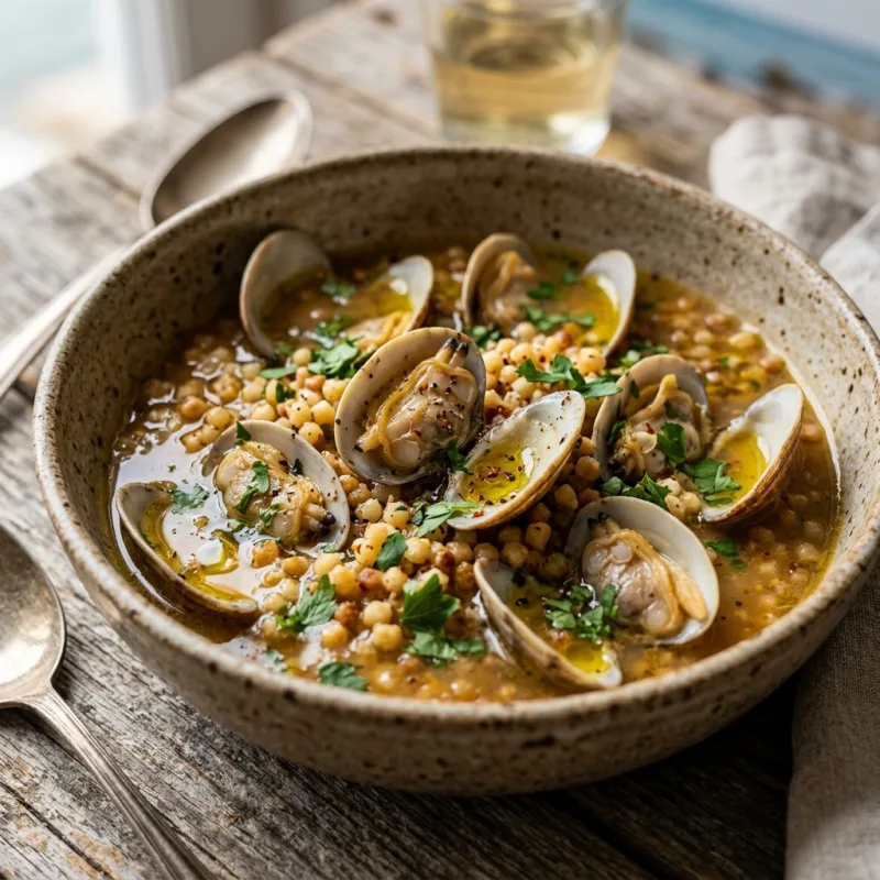 Bowl of traditional Sardinian Fregula con le Arselle with fresh clams and parsley