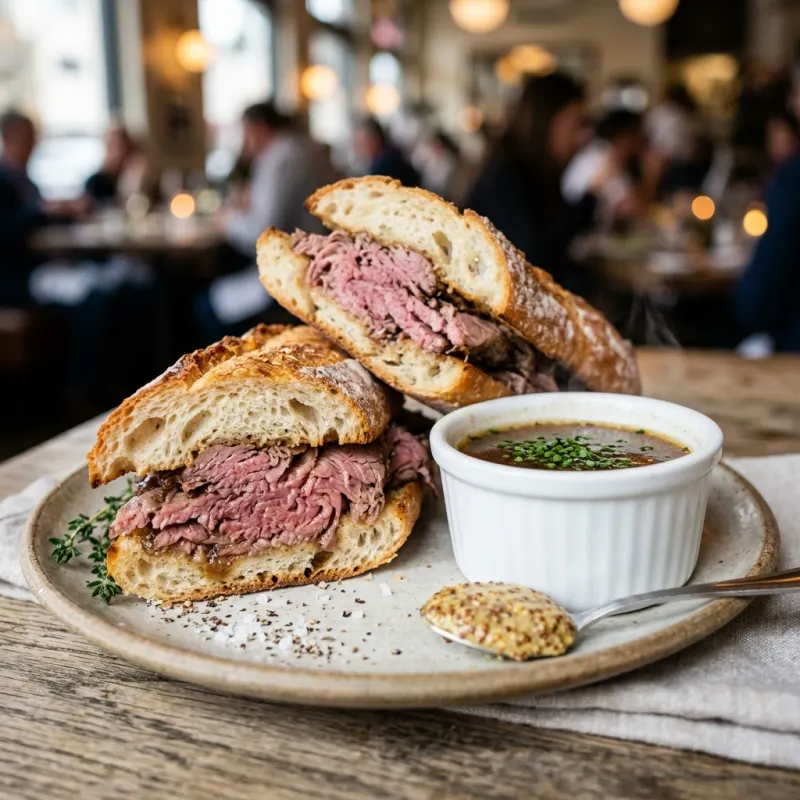 Classic Los Angeles French dip roast beef sandwich with au jus dip