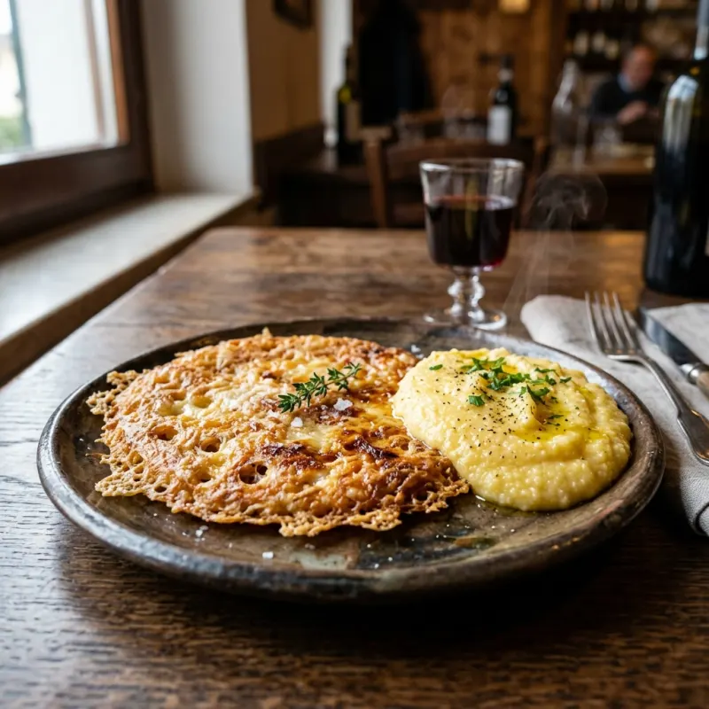 Golden-brown Friulian frico cheese pancake served with rustic yellow polenta