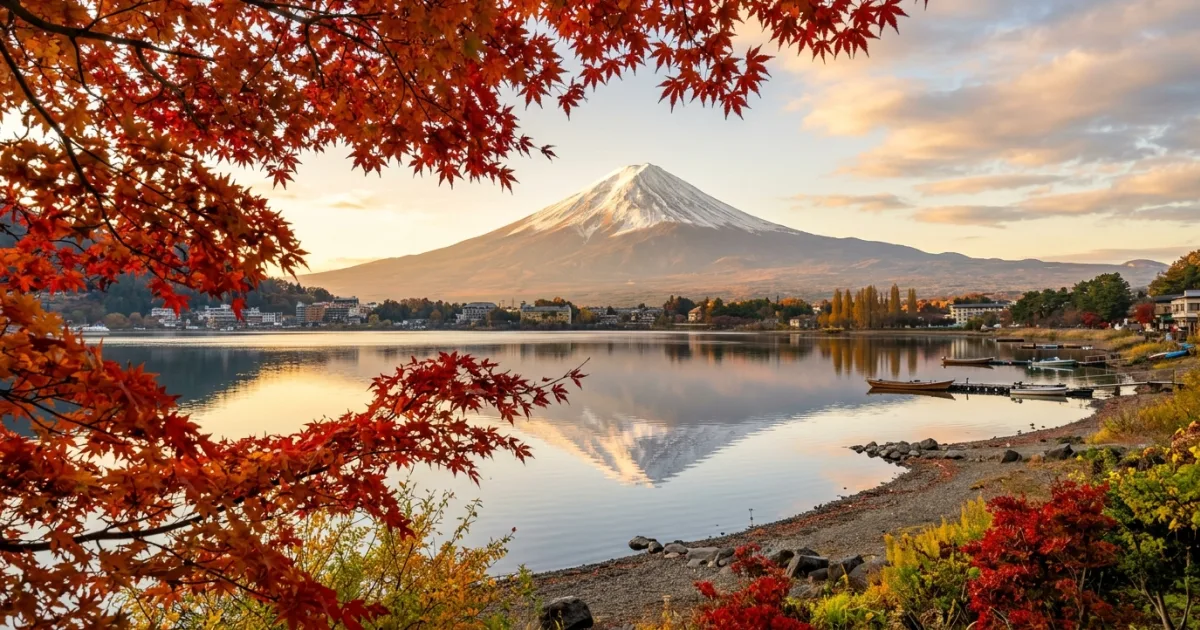 Panoramic view of Mount Fuji reflected in Lake Kawaguchiko with autumn maple trees in the foreground
