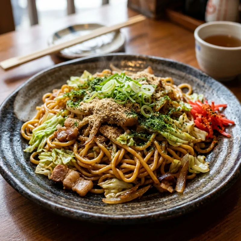 Authentic Fujinomiya Yakisoba topped with sardine powder and green laver