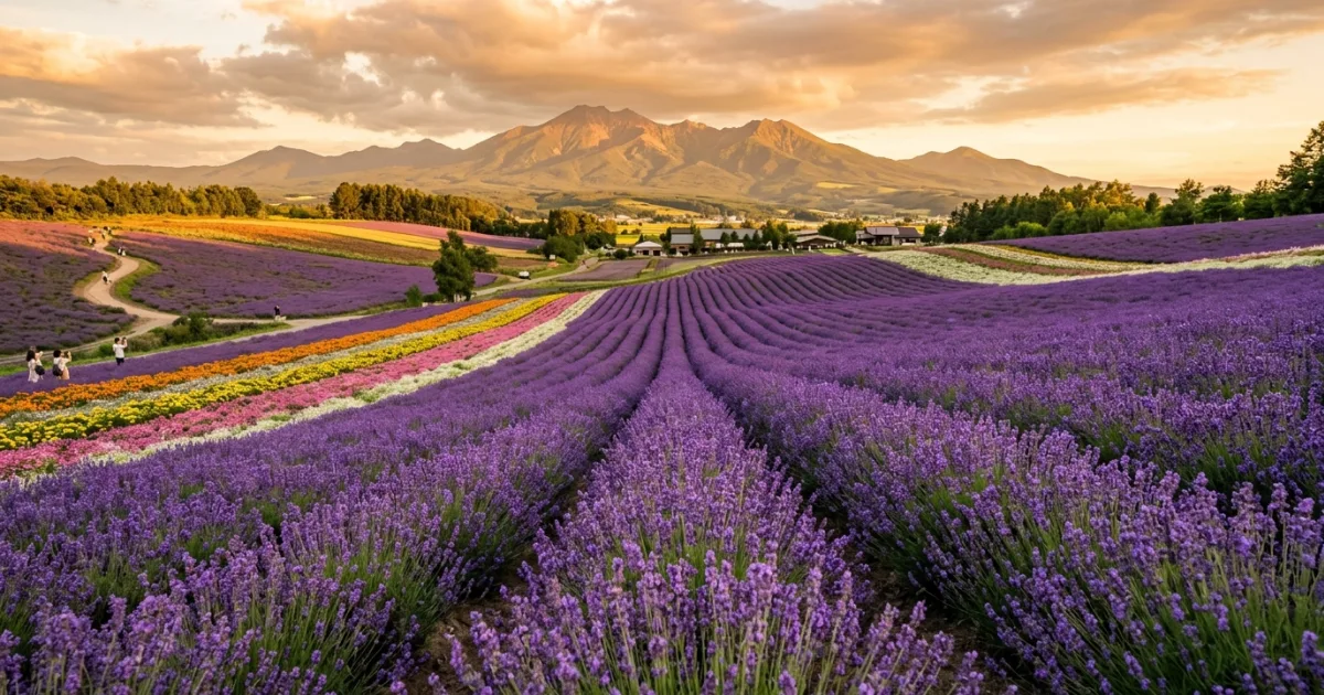 Vibrant purple lavender fields and flower terraces in Furano Hokkaido under summer mountains