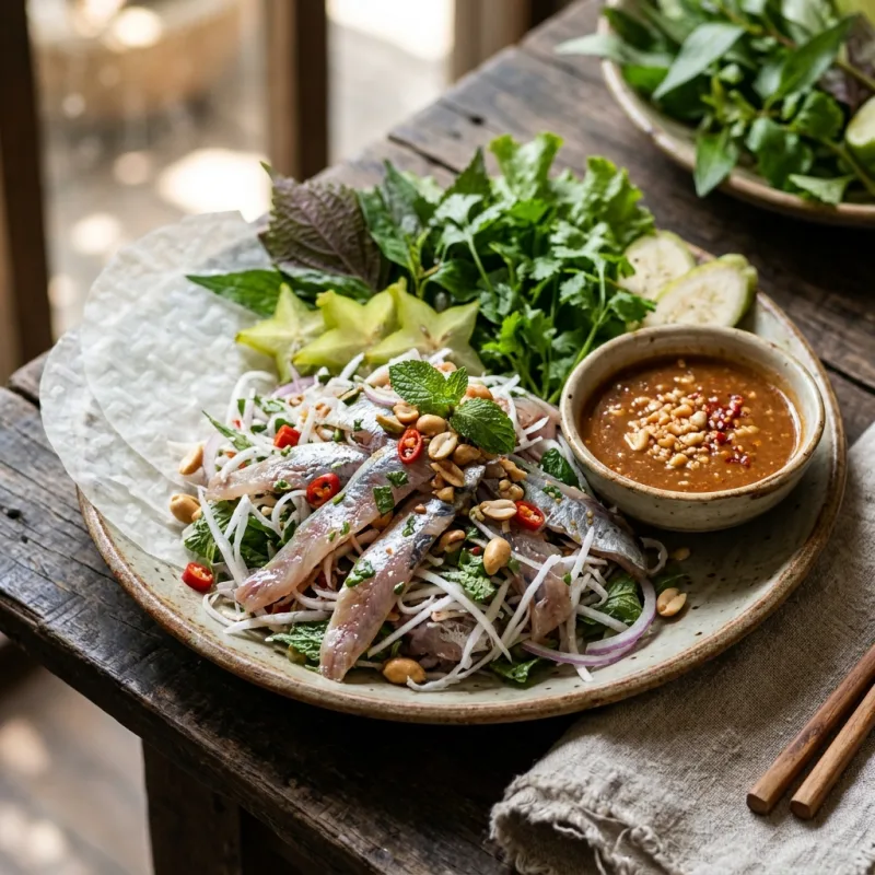 Phu Quoc raw herring salad Goi Ca Trich with grated coconut and herbs