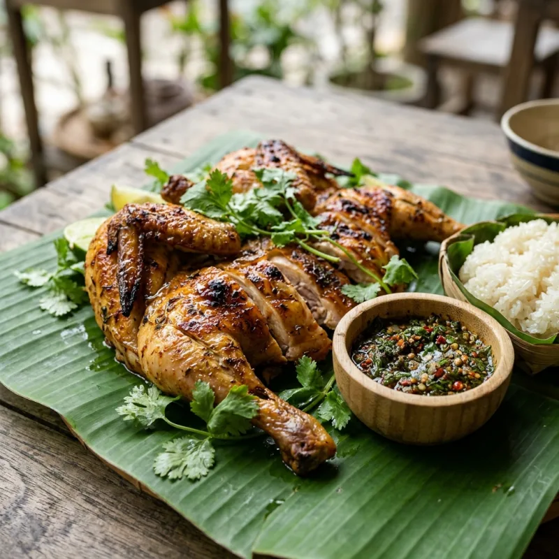 Vietnamese grilled mountain chicken served on banana leaf with cheo salt and sticky rice