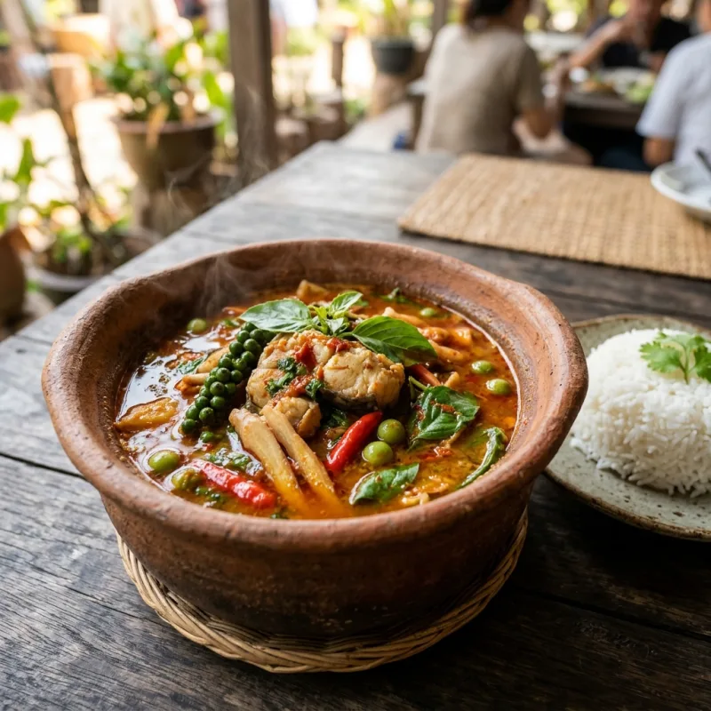 Authentic Thai Gaeng Pa jungle curry with river catfish and wild herbs in a rustic clay bowl