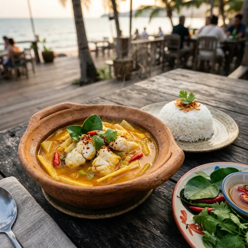Gaeng Som Pla Southern Thai sour fish curry served in a rustic bowl