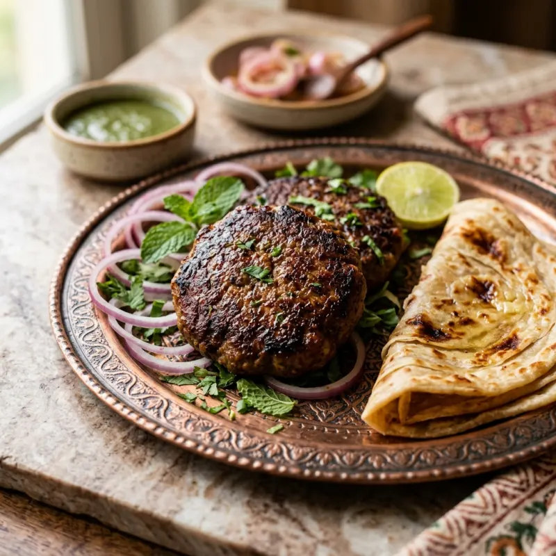 Tender Galouti Kebabs served with mint chutney, sliced onions, and parathas on a traditional platter.