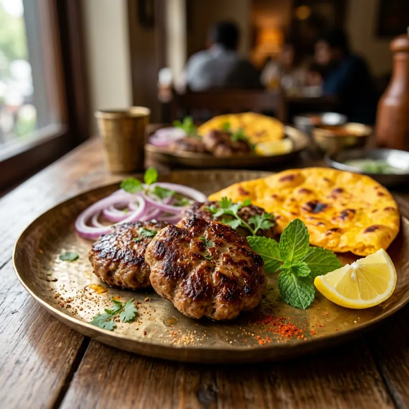 Tender Awadhi Galouti kebabs served with onions, lemon, and sheermal bread