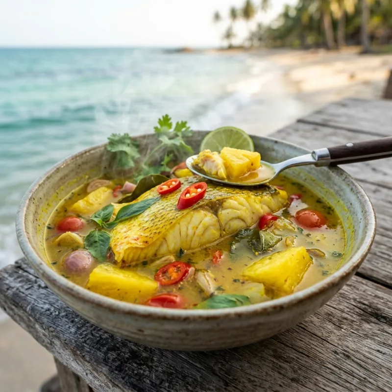 Authentic bowl of Gangan Ikan fish soup with pineapple and turmeric broth