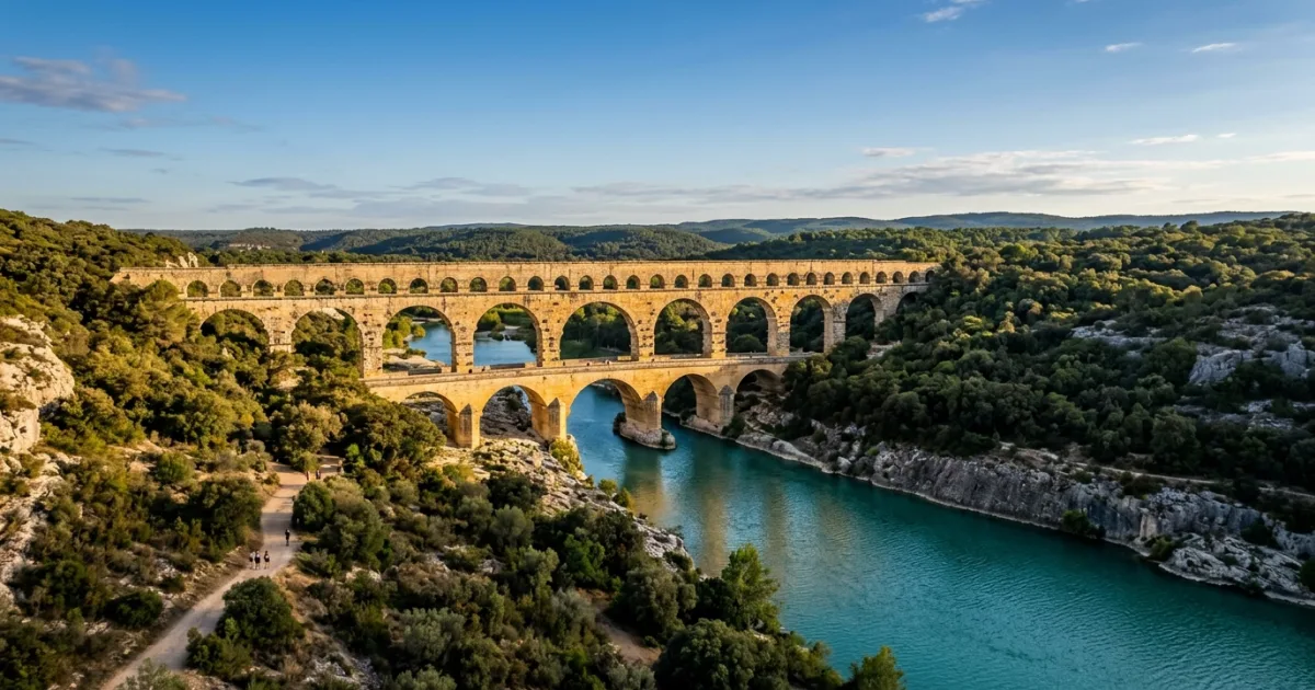 Panoramic view of the Pont du Gard aqueduct crossing the Gardon River in Occitanie