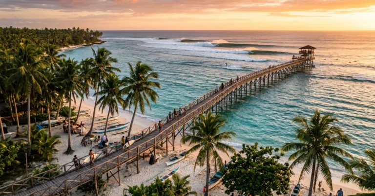 General Luna 6 Cloud 9 wooden boardwalk and turquoise ocean waves in General Luna, Siargao