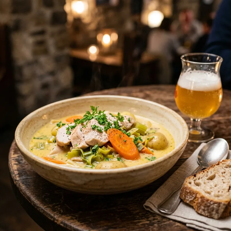 A steaming bowl of Gentse Waterzooi chicken stew with leeks and cream broth on a wooden tavern table