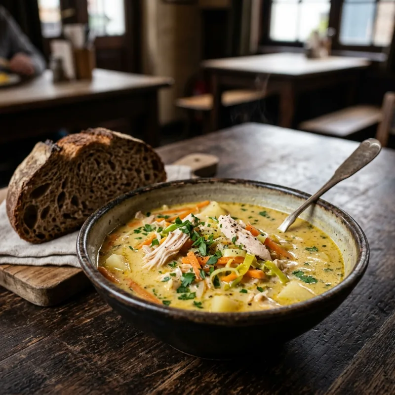 Authentic bowl of Gentse Waterzooi chicken stew on a wooden table