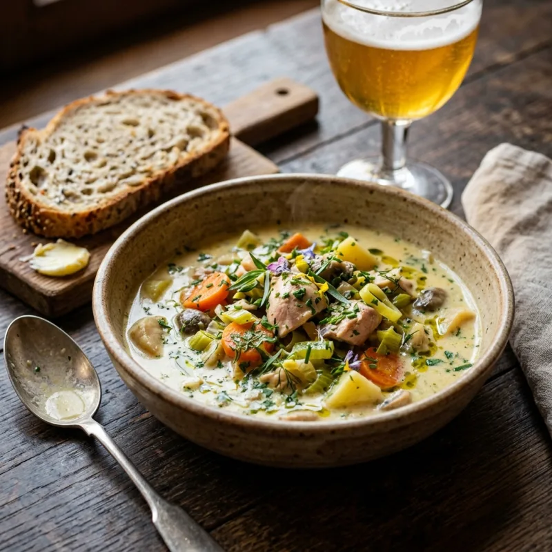 Bowl of traditional Belgian Gentse Waterzooi stew with chicken, leeks, and cream broth