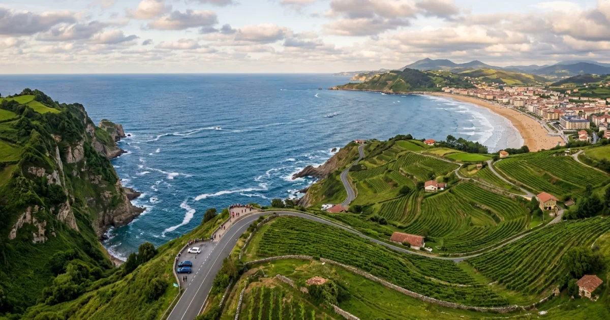Panoramic coastal landscape of Gipuzkoa showing green cliffs, ocean waves, and hillside vineyards in Spain