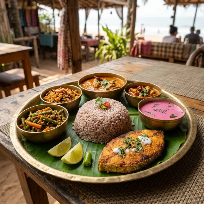 Authentic Goan Fish Curry Thali served with red rice and rava fried fish