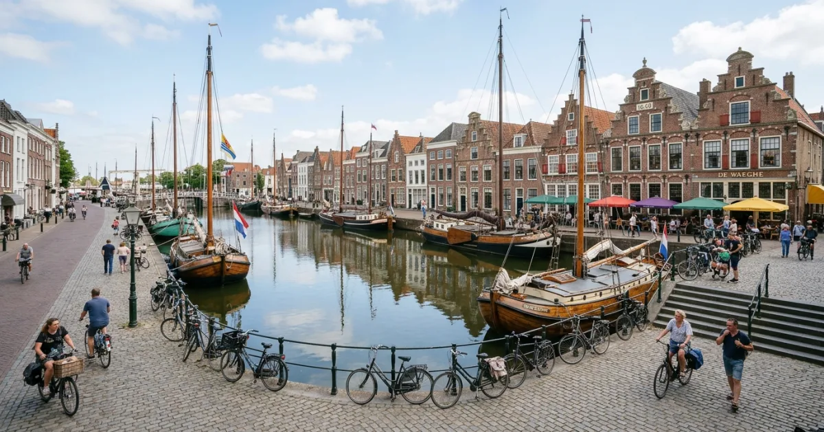 Panoramic view of the historic inner harbor Stadshaven in Goes with classic sailing ships and historic brick houses.