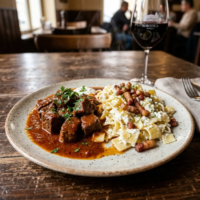 Goveđi Pörkölt beef stew served with curd cheese noodles on a rustic wooden table