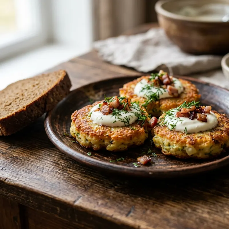 Golden fried Latgalian potato cakes Guļbešņīki topped with sour cream and fried bacon