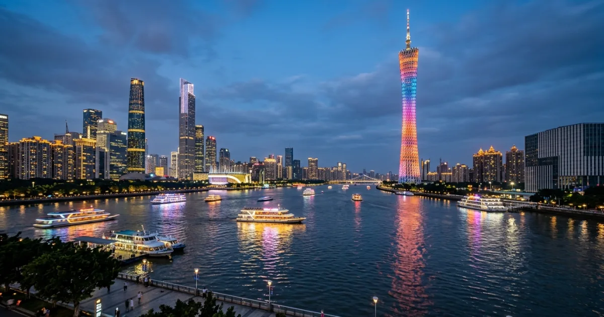 Panoramic view of Canton Tower and Pearl River skyline at dusk in Guangzhou