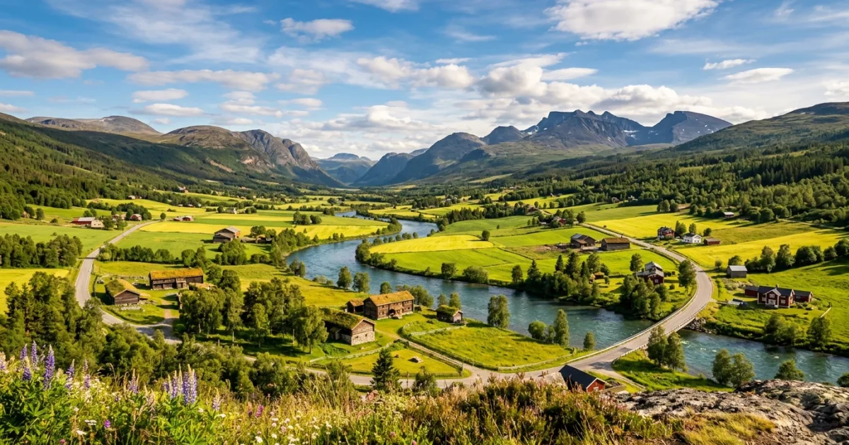 Panoramic scenic view over Gudbrandsdalen valley and river with traditional timber farms and Rondane mountains
