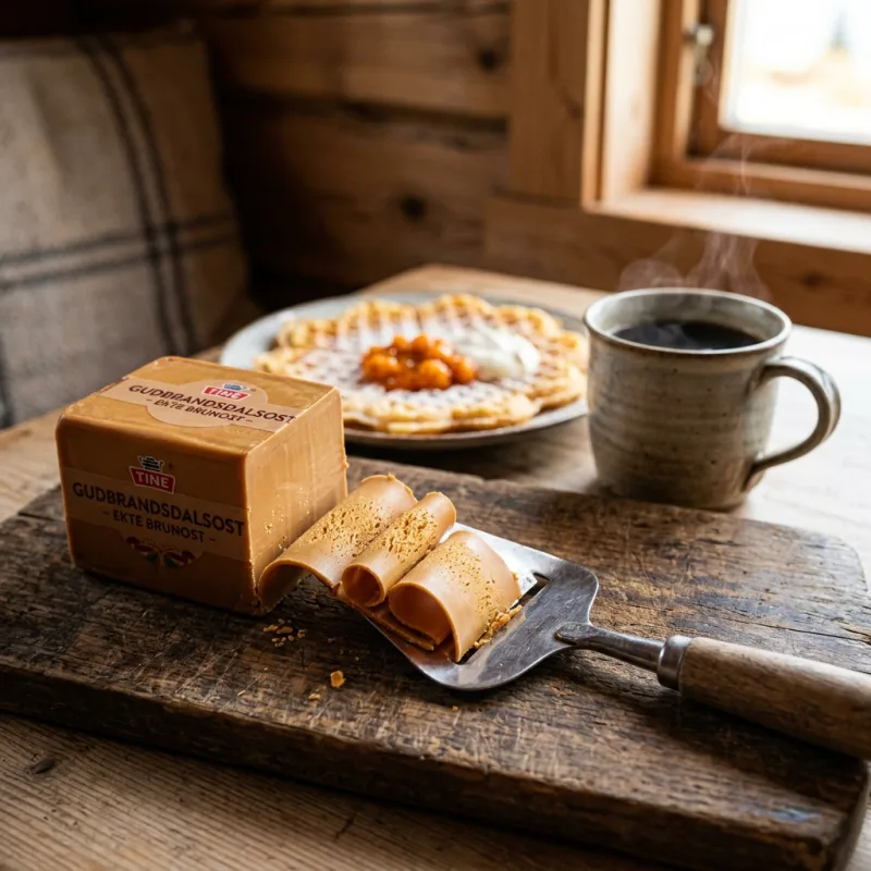 Thin curls of traditional Norwegian Gudbrandsdalsost brown cheese served on a wooden board with waffles
