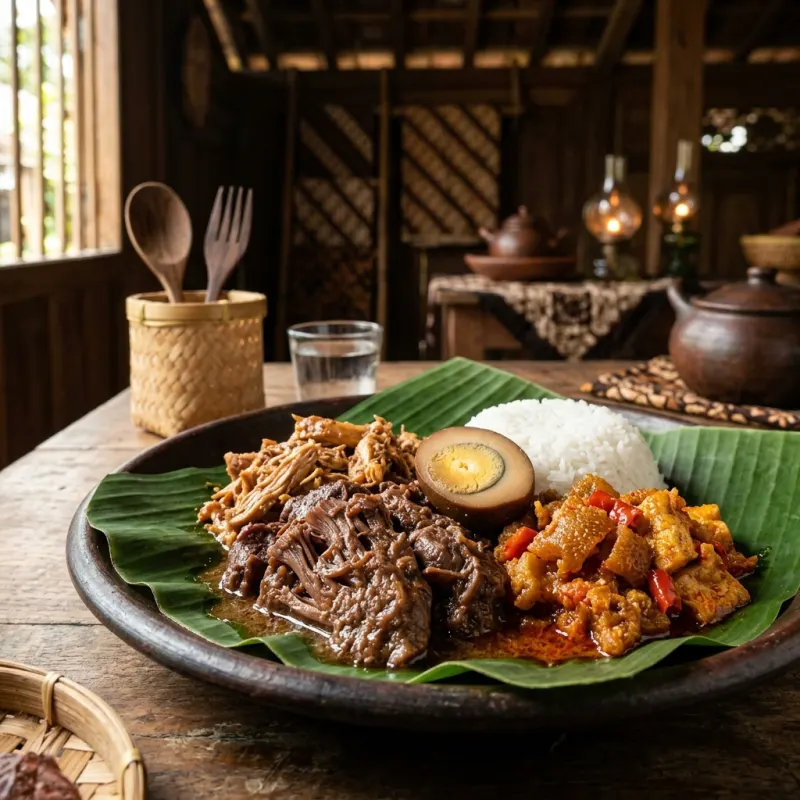 Authentic Gudeg Jogja served on a banana leaf lined plate with rice, chicken, and krecek