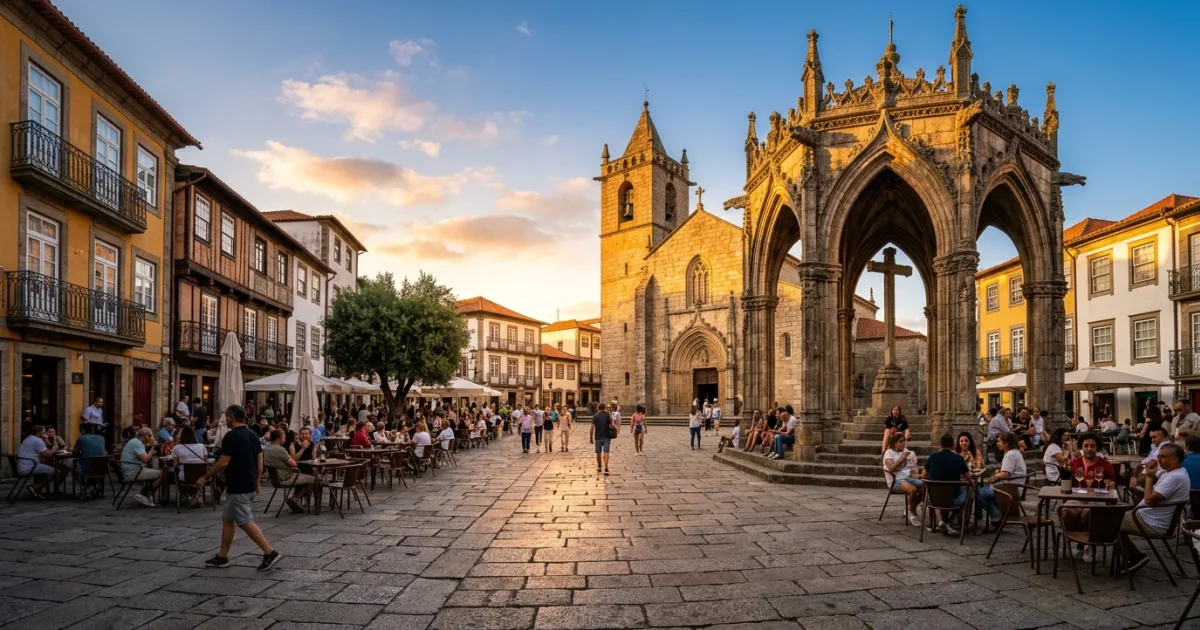 Largo da Oliveira medieval square in Guimarães Portugal at golden hour