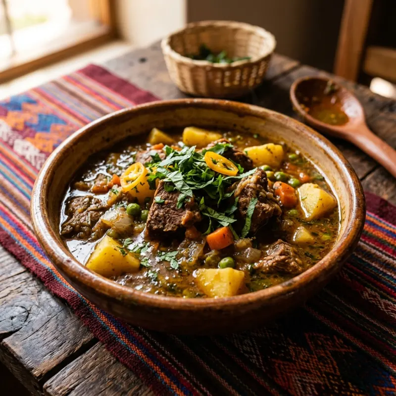 Traditional Peruvian alpaca stew served with native potatoes and herbs