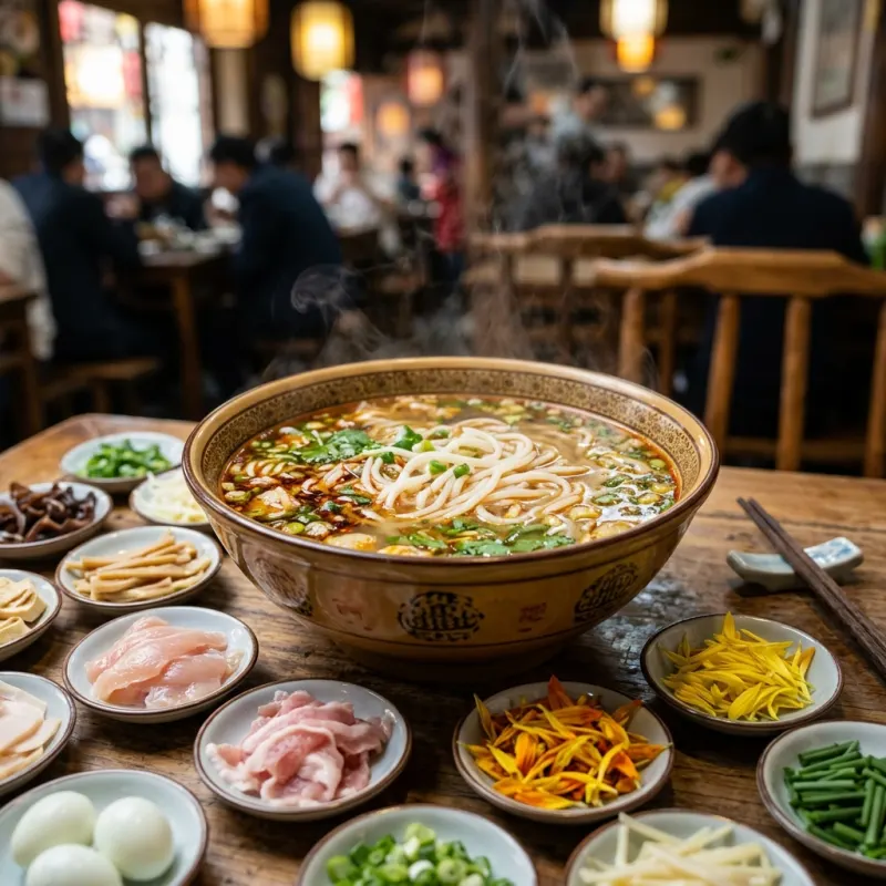 Authentic bowl of Yunnan crossing the bridge rice noodles with fresh ingredients