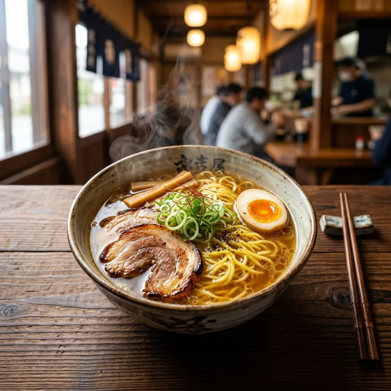 A steaming bowl of Kurayoshi Gyukotsu beef bone ramen with chashu pork and noodles