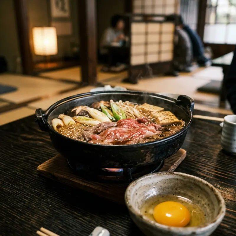 Yokohama gyunabe beef hot pot simmering in cast iron pot