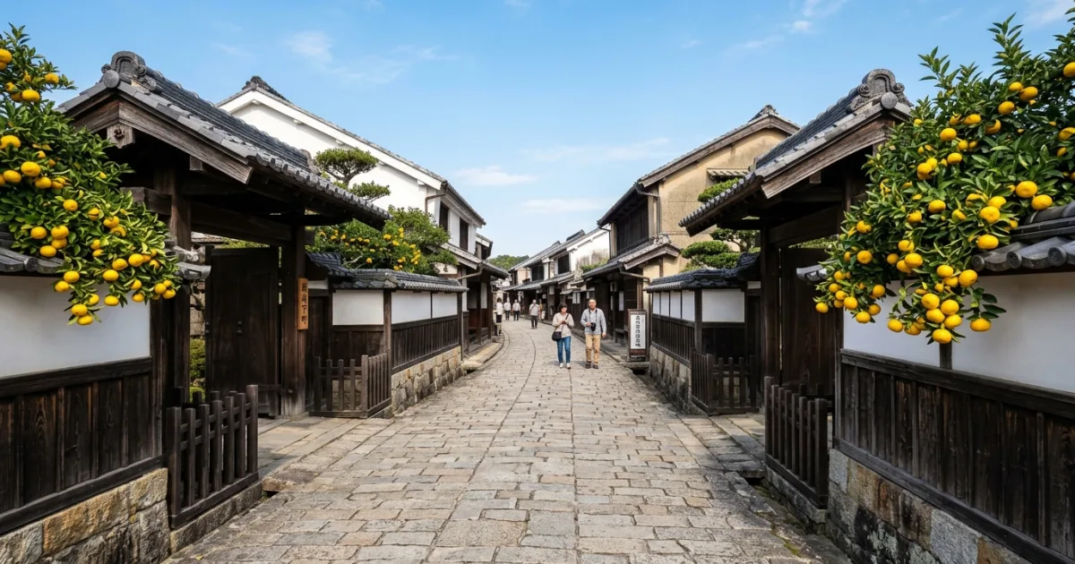 Travel Guides 7 Preserved samurai quarter street with white walls and orange trees in Hagi, Japan