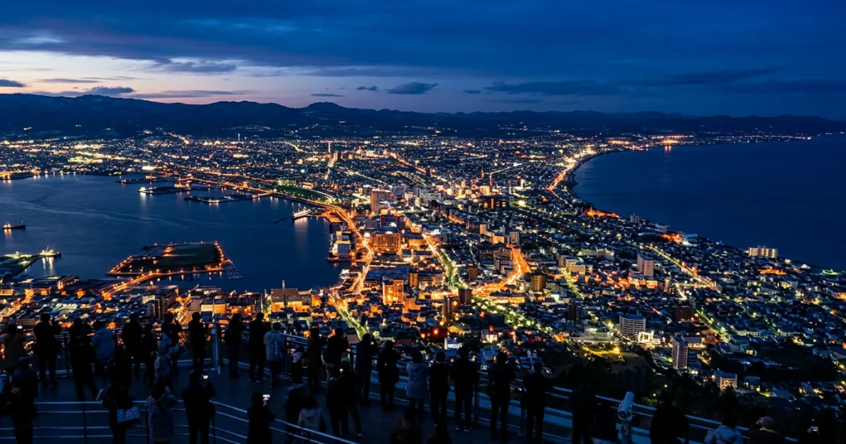 Panoramic night view of Hakodate from Mount Hakodate overlooking the glowing urban isthmus and ocean waters