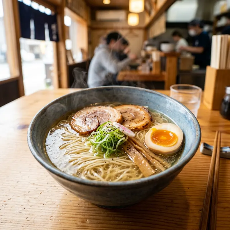 Authentic bowl of Hakodate shio ramen with clear broth, pork slices, and egg