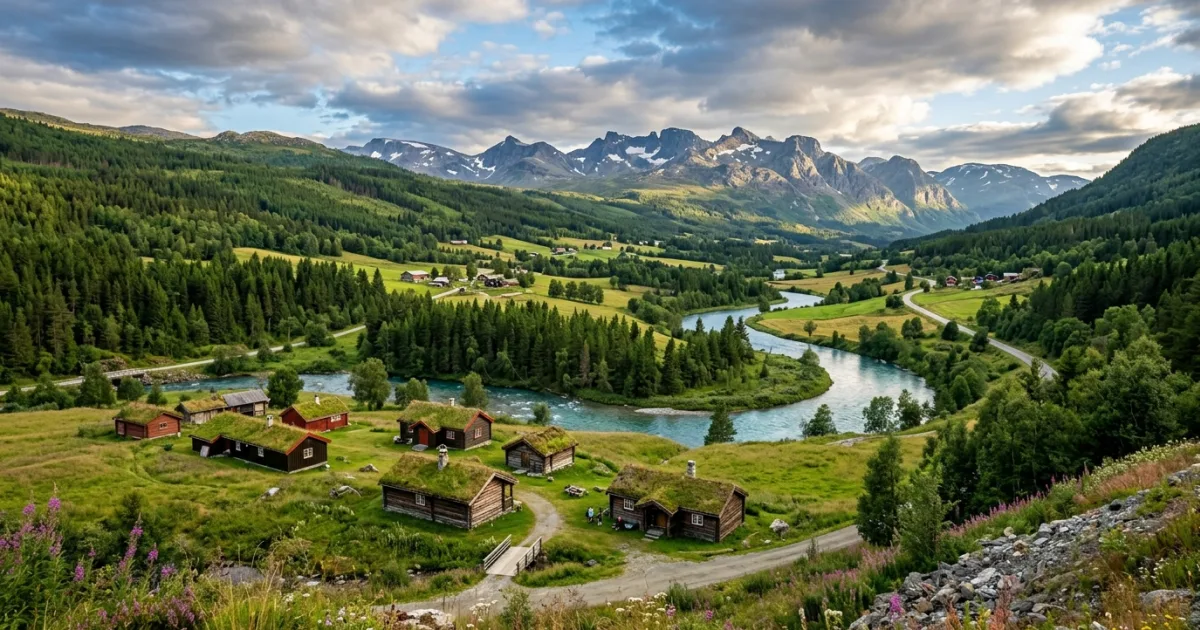 Panoramic view of the Hallingdal alpine valley and river in Norway