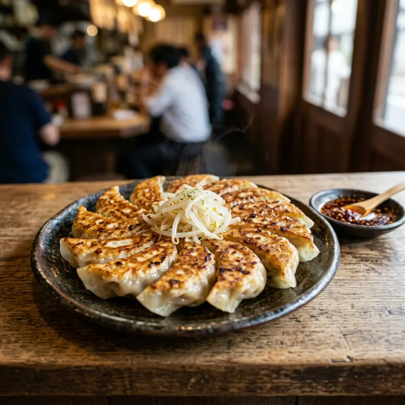 Golden-brown Hamamatsu gyoza served in a circular ring with bean sprouts