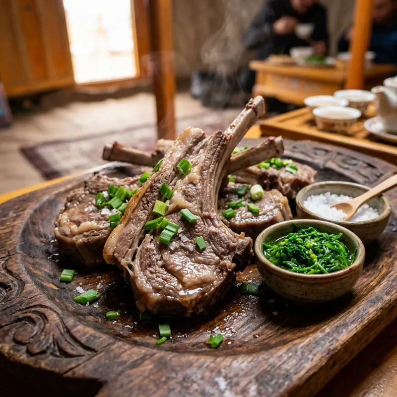 Inner Mongolian hand-held mutton served on a wooden platter with traditional sauces