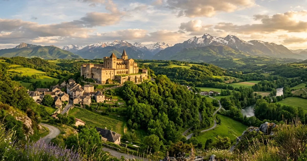 Panoramic view of Saint-Bertrand-de-Comminges cathedral perched on a hill against the French Pyrenees in Haute-Garonne
