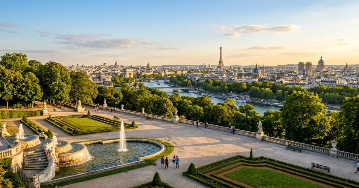 Panoramic view of Domaine National de Saint-Cloud overlooking the Seine and Paris skyline