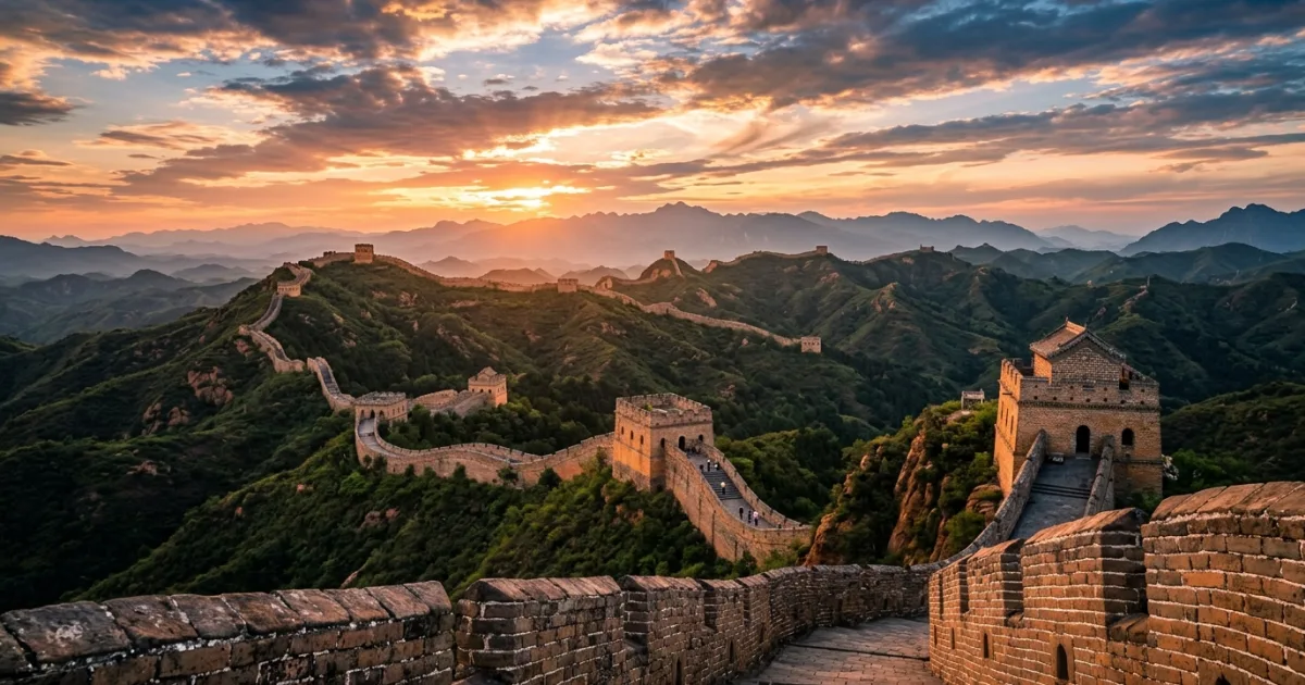 Jinshanling Great Wall winding over mountain ridges during golden hour in Hebei China