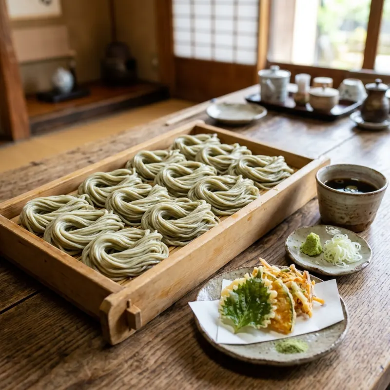 Authentic Japanese Hegi Soba noodles served in a cedar box with dipping broth and condiments