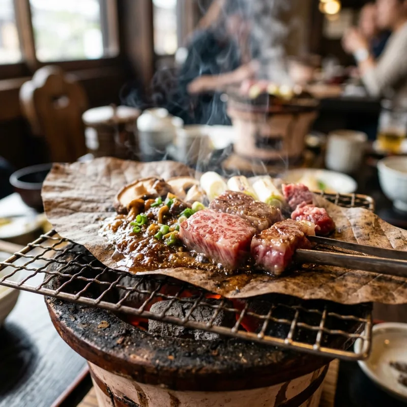Japanese Hida Beef grilled over a dried magnolia leaf with sweet miso paste
