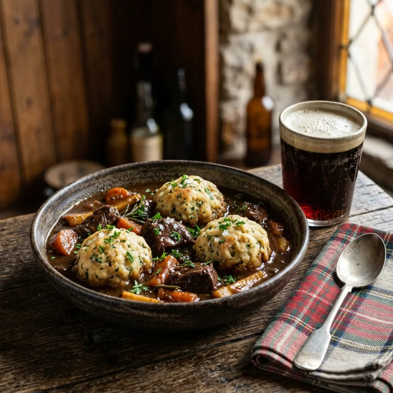 Steaming bowl of Highland venison casserole with fluffy dumplings on a rustic wooden table