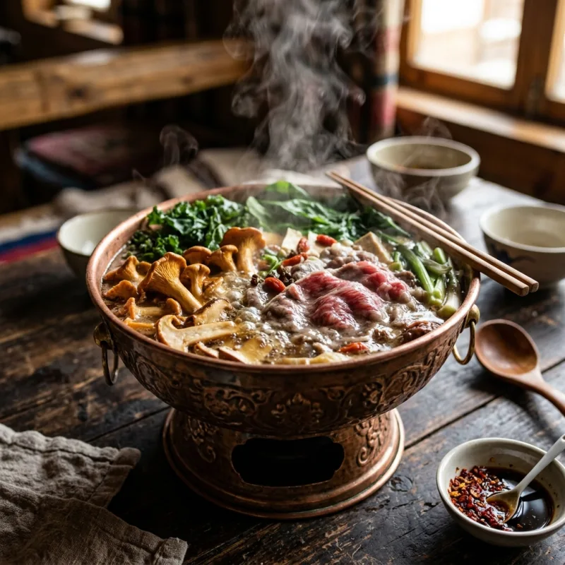 Steaming Tibetan copper hot pot filled with simmered yak meat and wild mushrooms