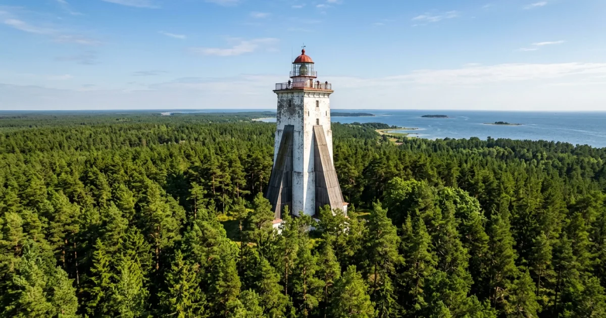 Kõpu Lighthouse towering above pine forests on the island of Hiiumaa Estonia