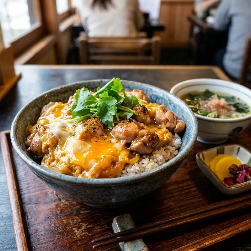 Authentic Japanese Hinai-jidori chicken and egg rice bowl in Kakunodate