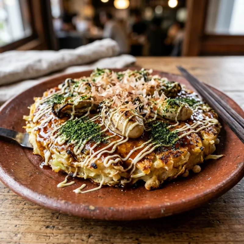 Authentic Hinase Kakioko oyster pancake served on rustic Bizen pottery