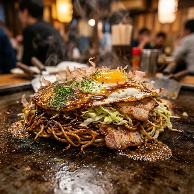 Authentic Hiroshima-style okonomiyaki sizzling on an iron griddle