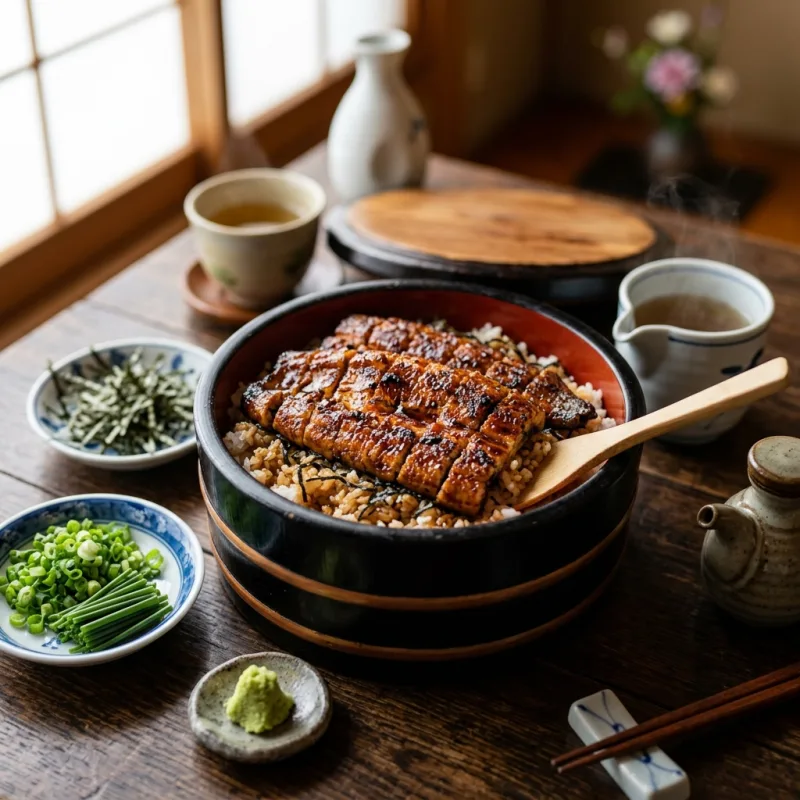 Authentic Nagoya Hitsumabushi grilled unagi served in a lacquer bowl with condiments and dashi broth
